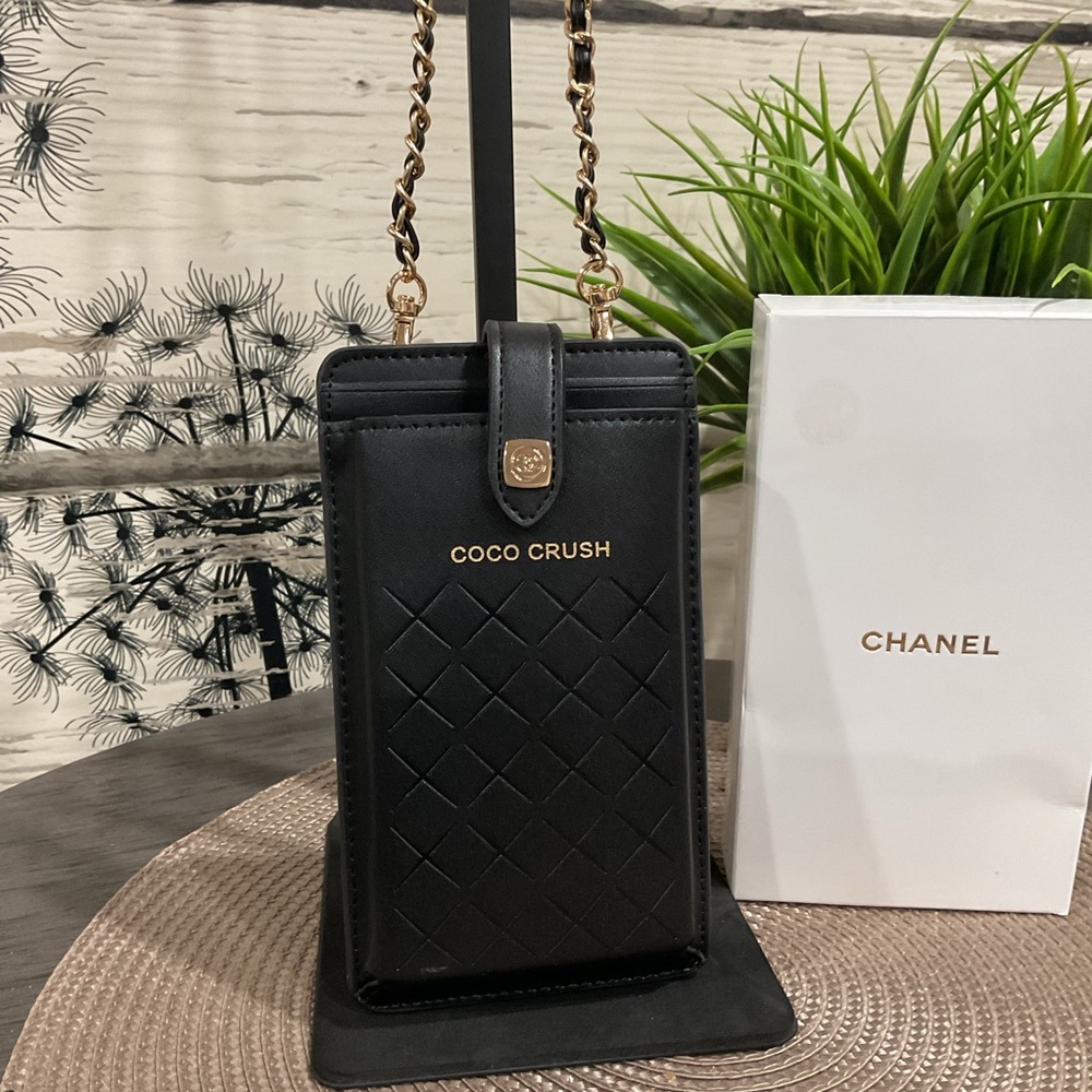 Coco Crush Black Quilted Phone Holder with Chain